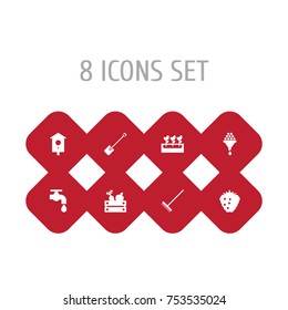Collection Of Organic, Decoration, Faucet And Other Elements.  Set Of 8 Horticulture Icons Set. 