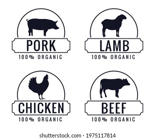 Collection of organic farm meat labels with farm animals. Silhouettes of chicken, cow, sheep and pig.  For menu, packing, restaurant, butcher shop,  web.Hand drawn vector illustration.