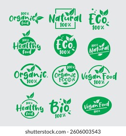 Collection of Organic Food and Eco-Friendly Label Designs in Green Tones
