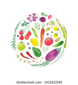 Collection organic food of vegetables, fruit and greenery. Circle design healthy eating, diet menu or marketing template. Vector isolated illustration with colorful watercolor texture.