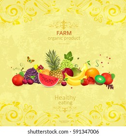 collection of organic fruits on shabby chic background for your design