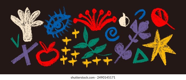  Collection organic grunge bold colorful shapes, eye, star, triangle, curved lines and dots. Geometric vector set in Memphis style.  Hand drawn geometric pattern.
