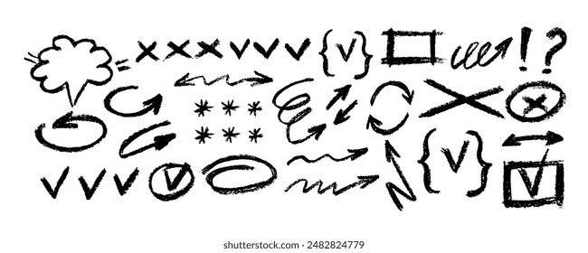Collection organic grunge bold shapes, curved arrows and geometric shapes. Geometric vector set in Memphis style. Grunge swirled brush stroke, curly and straight lines. Hand drawn geometric pattern.