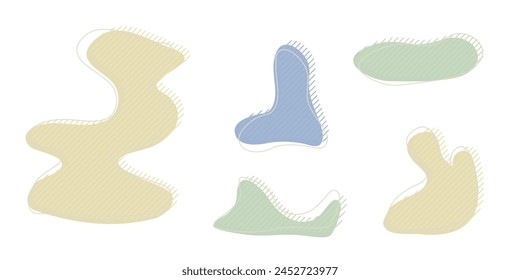 Collection of organic irregular blob shapes with decorative stripes and stroke line. Yellow blue random deform circle spot. Isolated white background Organic amoeba Doodle elements Vector illustration