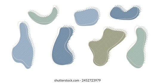 Collection of organic irregular blob shapes with decorative stripes and stroke line. Gray blue random deform circle spot. Isolated white background Organic amoeba Doodle elements Vector illustration
