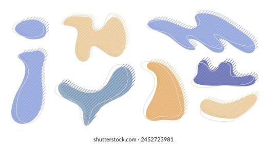 Colección de Formas orgánicas irregulares con rayas decorativas y línea de trazos. Mancha circular de deformación aleatoria azul amarilla. Fondo blanco aislado Ameba orgánica Doodle Elementos Ilustración vectorial