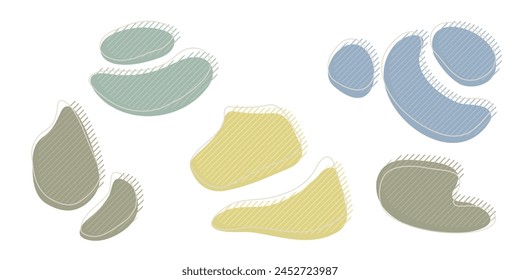 Collection of organic irregular blob shapes with decorative stripes and stroke line. Gray blue random deform circle spot. Isolated white background Organic amoeba Doodle elements Vector illustration