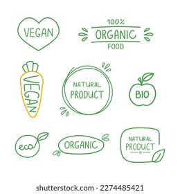 Collection of organic, natural product, eco, bio, vegan, organic food labels. Vector illustration
