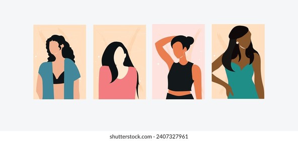 Collection of organic shapes, woman portrait, tropical leaf, vases, botanical, line art. Trendy style poster set for wall decoration, interior, wallpaper.