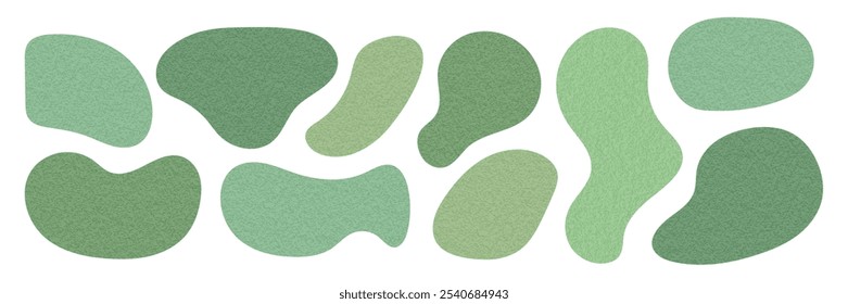 Kollektion von Organic Textured Green Blob. Unregelmäßige geometrische Öko-Formen mit Kornrauschen Textur. Blotch Fleck Flüssigkeitsblase. Moderne natürliche Design-Elemente . Vektorgrafik