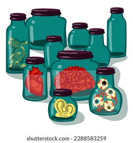 A collection of organs and specimens stored in glass jars. The jars contain human ears, eyes, brains, hearts, and zombie fingers. Empty containers for parts. Witches. Illustration for Halloween.