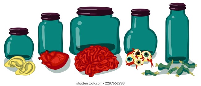 A collection of organs and specimens stored near glass jars. The jars contain human ears, eyes, brains, heart, fingers from zombies. the witch's supplies. Illustration for Halloween A set for a potion