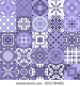 Collection of oriental ceramic tiles in blue tones. Seamless vector patchwork pattern with ornamental motifs.