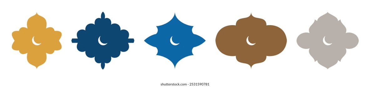 Colección de ventanas y arcos de estilo plano oriental Ramadán Mubarak islámico con media luna, diseño moderno, puerta y ventana de la mezquita, cúpula de la mezquita, linternas. Ilustración de Ramadán, insignia, promoción de venta de etiquetas