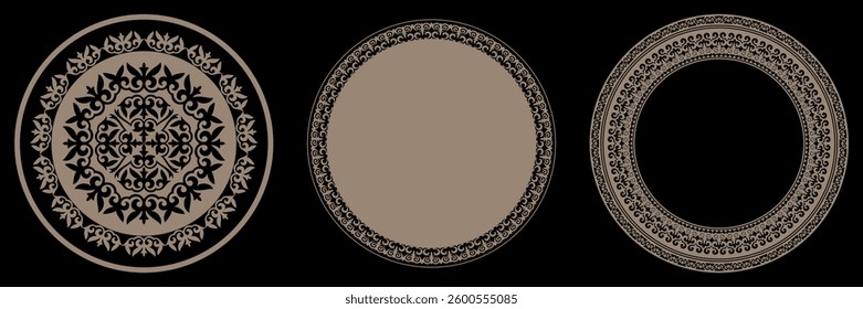 Collection Oriental gold round frames. National ornament, muslim ersian circular frame. Template for round surfaces, textile, engraving, forging, embroidery, plate, sandblasting, print design. Vector