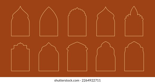 Collection of oriental line art style Islamic windows and arches, door mosque, mosque dome and lanterns. Ramadan Kareem concept design. Outline vector illustration