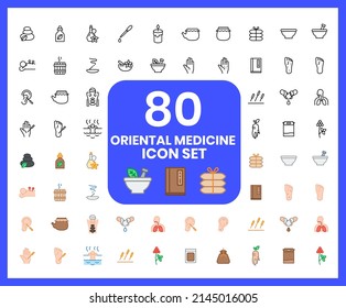 Colección de íconos lineales de la medicina oriental e íconos de color.ginseng, Donguibogam, hierbas medicinales, saliva. Conjunto de medicina herbal, símbolos de medicina herbaria dibujados con líneas de contorno delgadas.