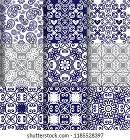 Collection of oriental seamless ornaments in indigo color