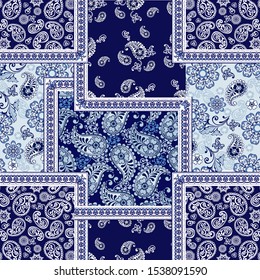 Collection oriental seamless paisley patterns. Decorative ornament for fabric, textile, wrapping paper. Indigo paisley pattern.
