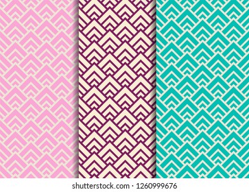 Collection of oriental seamless patterns of geometric triangle scales burgundy pink green recolors decorative backdrop or origami paper background Chinese new year or festival vector illustration.