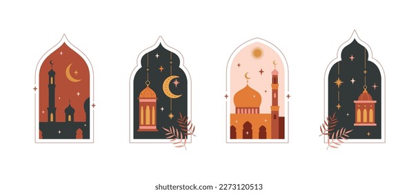 Collection of oriental style Islamic arches and windows, moon, mosque, lanterns. Ramadan Kareem card, poster, holiday cover set. 