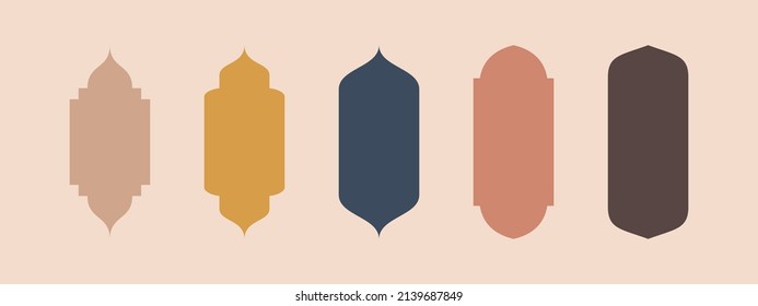 Colección de ventanas y arcos de estilo oriental islámico ramadan kareem con diseño de estilo moderno, mezquita de puertas, cúpula de mezquita y faroles. Ilustración de Ramadán.