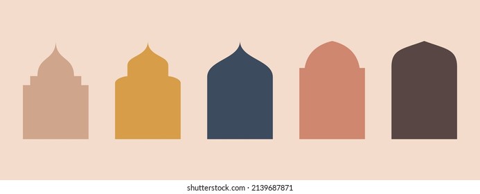 Collection of oriental style Islamic ramadan kareem and eid mubarak windows and arches with modern style design, door mosque, mosque dome and lanterns. Ramadan and eid mubarak vector illustration.