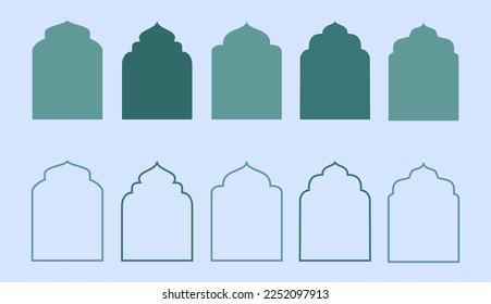 Collection of oriental style Islamic ramadan kareem windows and arches with modern style design, door mosque, mosque dome and lanterns. Ramadan illustration.