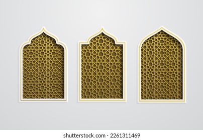 Collection of oriental style Islamic ramadan kareem and eid mubarak windows and arches with modern style design, door mosque, mosque dome and lanterns. Ramadan and eid mubarak illustration