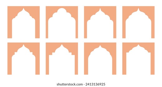 Collection of Oriental Style Islamic Ramadan Kareem and Eid Mubarak Windows and Arches. Modern Design Elements Include Doors, Mosque Domes, and Lanterns. Silhouette Square Frame 