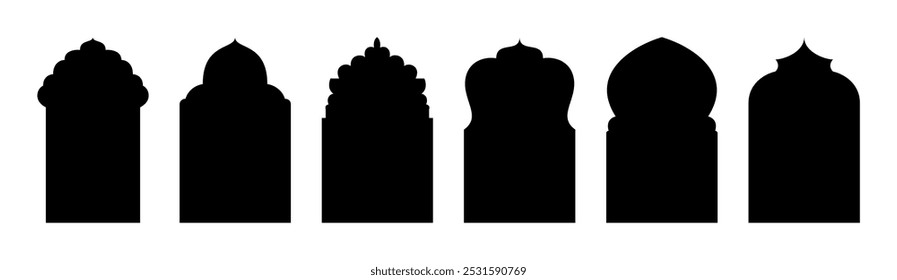Collection of oriental style. Islamic vector shapes of a window or door arch, mosque gate. Islamic arabesque pattern. Arab frame set on transparent background. Ramadan Kareem silhouette icon set