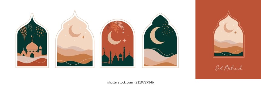 Collection of oriental style Islamic windows and arches with modern boho design, moon, mosque dome and lanterns 