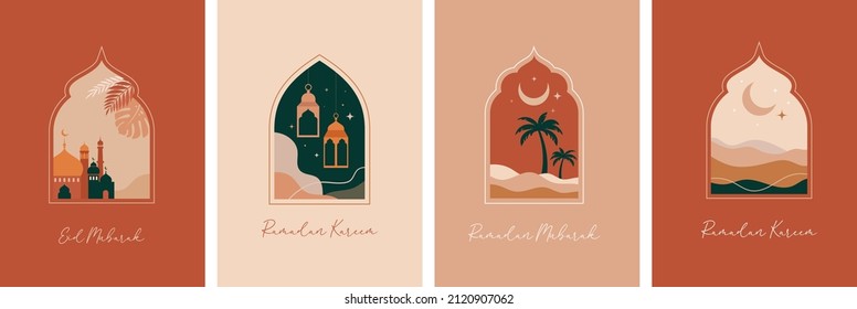 Collection of oriental style Islamic windows and arches with modern boho design, moon, mosque dome and lanterns 
