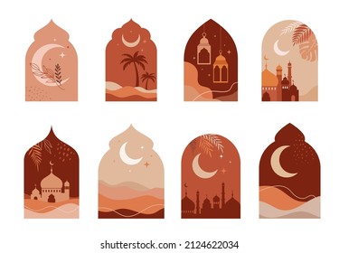 Sammlung orientalischer islamischer Fenster und Arkaden mit modernem Boho-Design, Mond, Moschee-Kuppel und Laternen 
