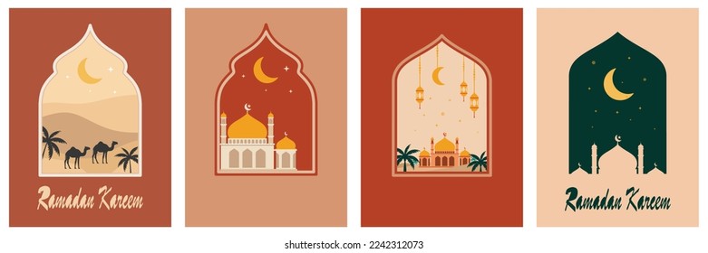 Collection of oriental style Islamic windows and arches with modern boho design, moon, mosque dome and lanterns. Vector Ilustration.