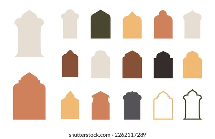 Colección de ventanas y arcos islámicos de estilo oriental con diseño boho moderno, luna, cúpula de mezquita y faroles, plantilla de icono del marco islámico,