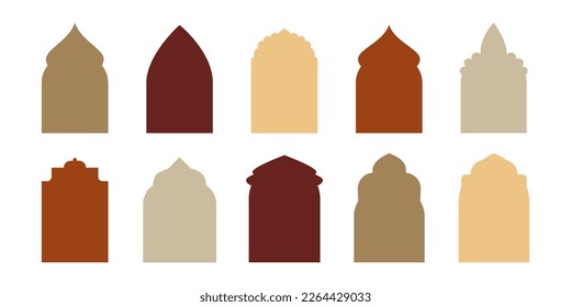 Sammlung orientalischer islamischer Fenster und Bögen, Türmoschee, Moschee und Laternen. Ramadan Kareem Konzept Design. Vektorgrafik