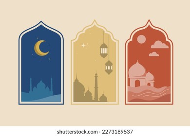 Kollektion orientalisch-islamischer Fenster und Bögen ramadan Konzept mit Moschee, Mond und Lattern