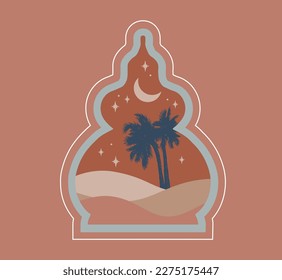 Collection of oriental style Islamic windows, palm trees, cactus and desert