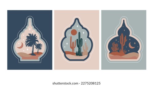 Collection of oriental style Islamic windows, palm trees, cactus and desert