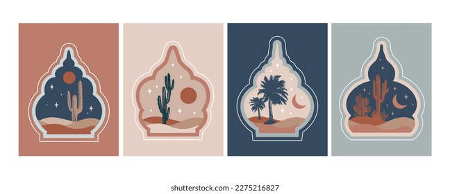 Collection of oriental style Islamic windows, palm trees, cactus and desert