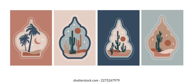 Collection of oriental style Islamic windows, palm trees, cactus and desert