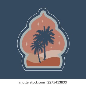Colección de ventanas islámicas de estilo oriental, palmeras, cactus y desierto
