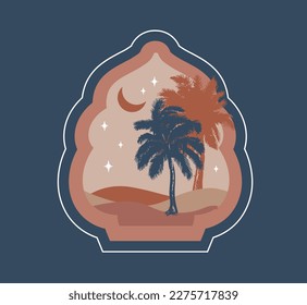Collection of oriental style Islamic windows, palm trees, cactus and desert