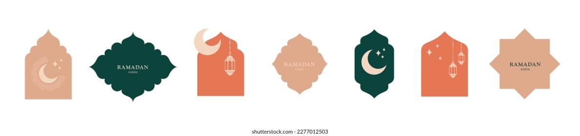 Collection of oriental style Islamic windows and arches with modern boho design, moon, mosque dome and lanterns