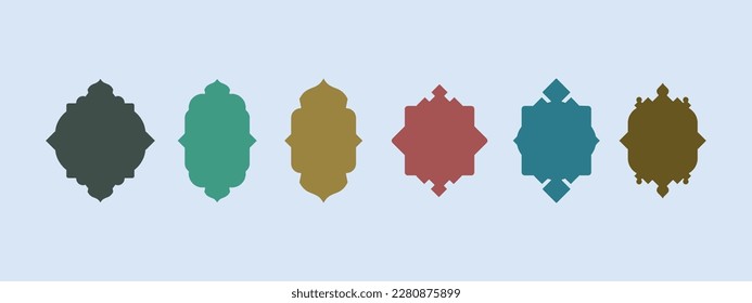 Collection of oriental style Islamic windows and arches with modern boho design, moon, mosque dome and lanterns