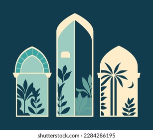 Collection of oriental style Islamic windows and arches with modern boho design, moon, mosque dome and lanterns
