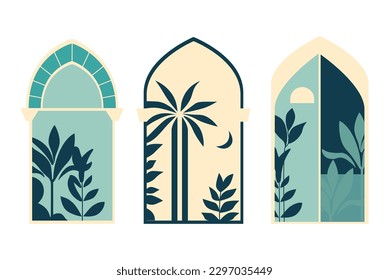 Collection of oriental style Islamic windows and arches with modern boho design, moon, mosque dome and lanterns
