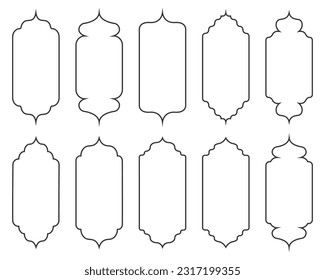 Collection of oriental style Islamic windows and arches with modern boho design. Lineart style. Vector illustration