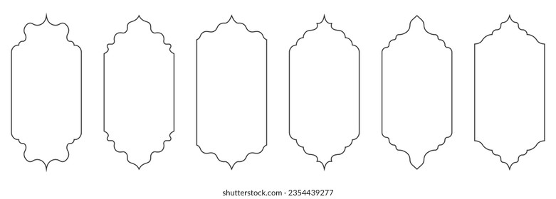 Collection of oriental style Islamic windows and arches with modern boho design. Editable stroke. Vector illustration